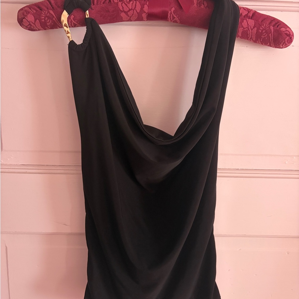 Black cowl neck halter top with Gold Ring Detail